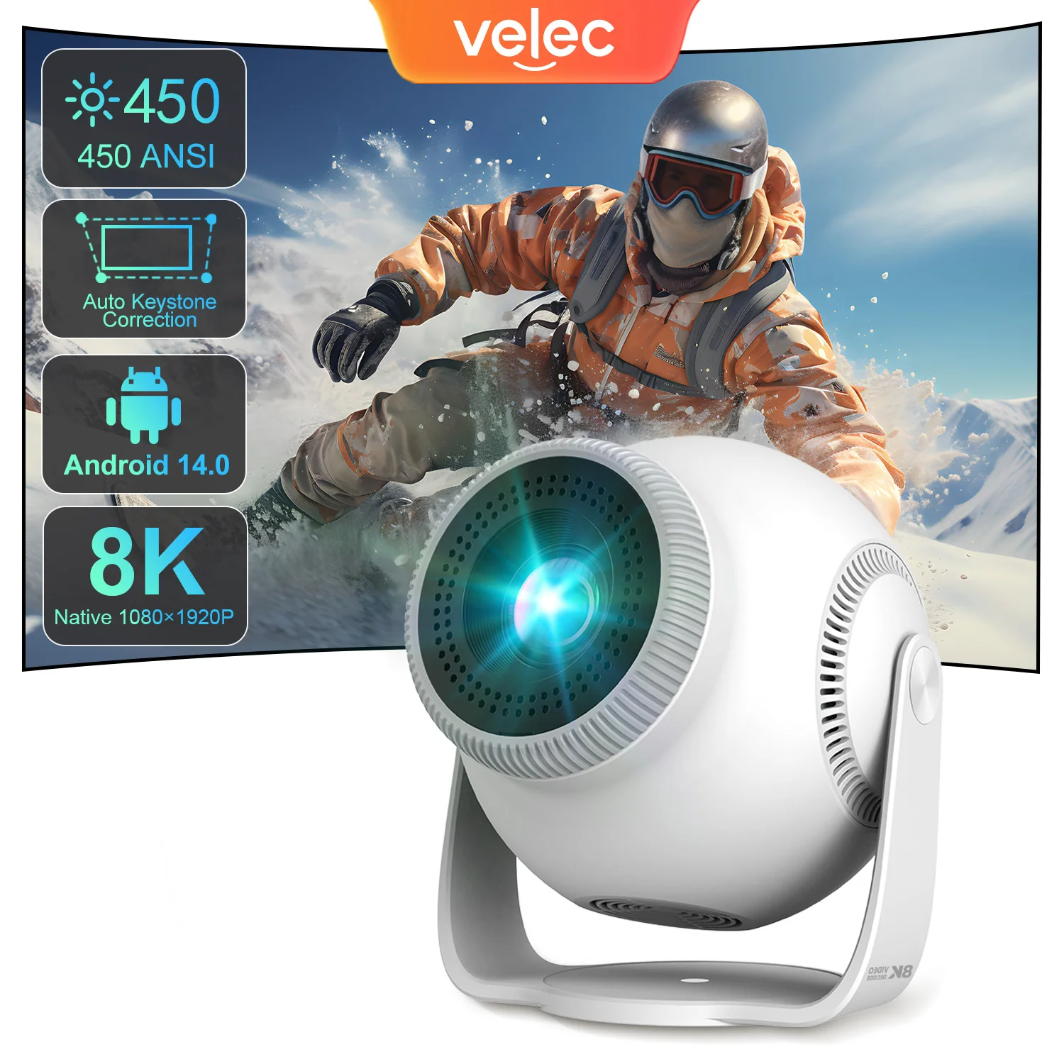 

Velec Projector Android 14 8K Decoding Auto Focus 450 ANSI 720P TP360 New Portable Outdoor Movie Projector For Home Theater