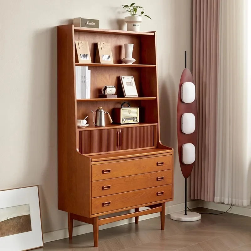 

Nordic medieval solid wood dining side cabinet multi-functional bookcase retro rolling shutter door display storage