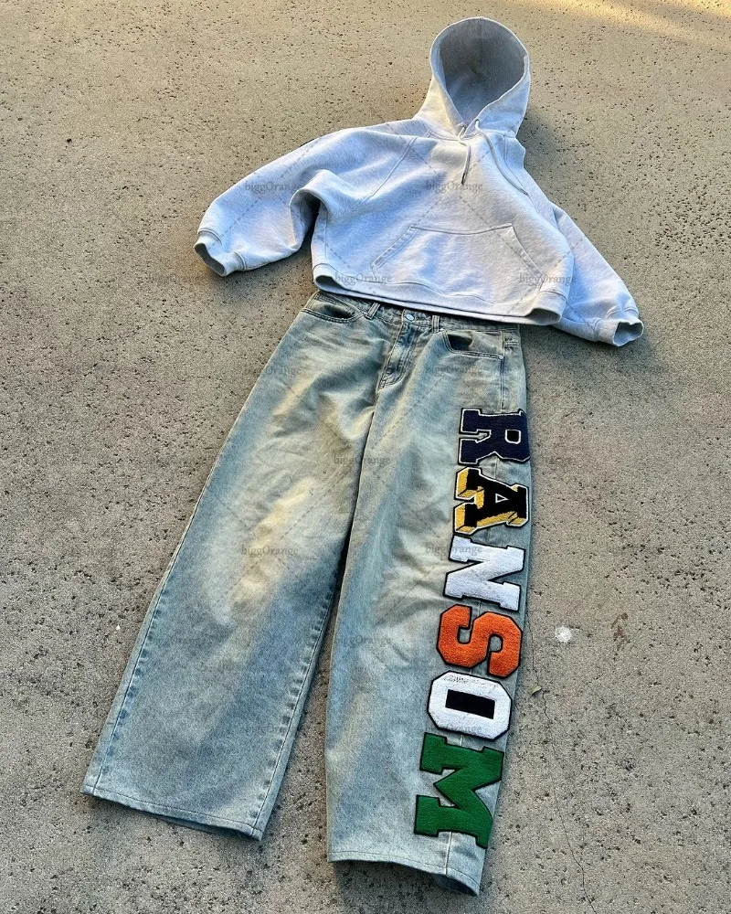 Y2K Harajuku Colorful Letter Print Washed Baggy Jeans American Retro Straight Casual Pants High Street Loose Versatile Trousers