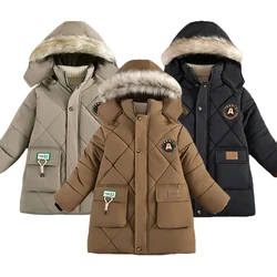 2024 Winter neue Jungen Jacke einfarbig Futter Plüsch halten warm Pelz kragen Kapuze Reiß verschluss Oberbekleidung für 4-10y Teen Kinder Schnee anzug