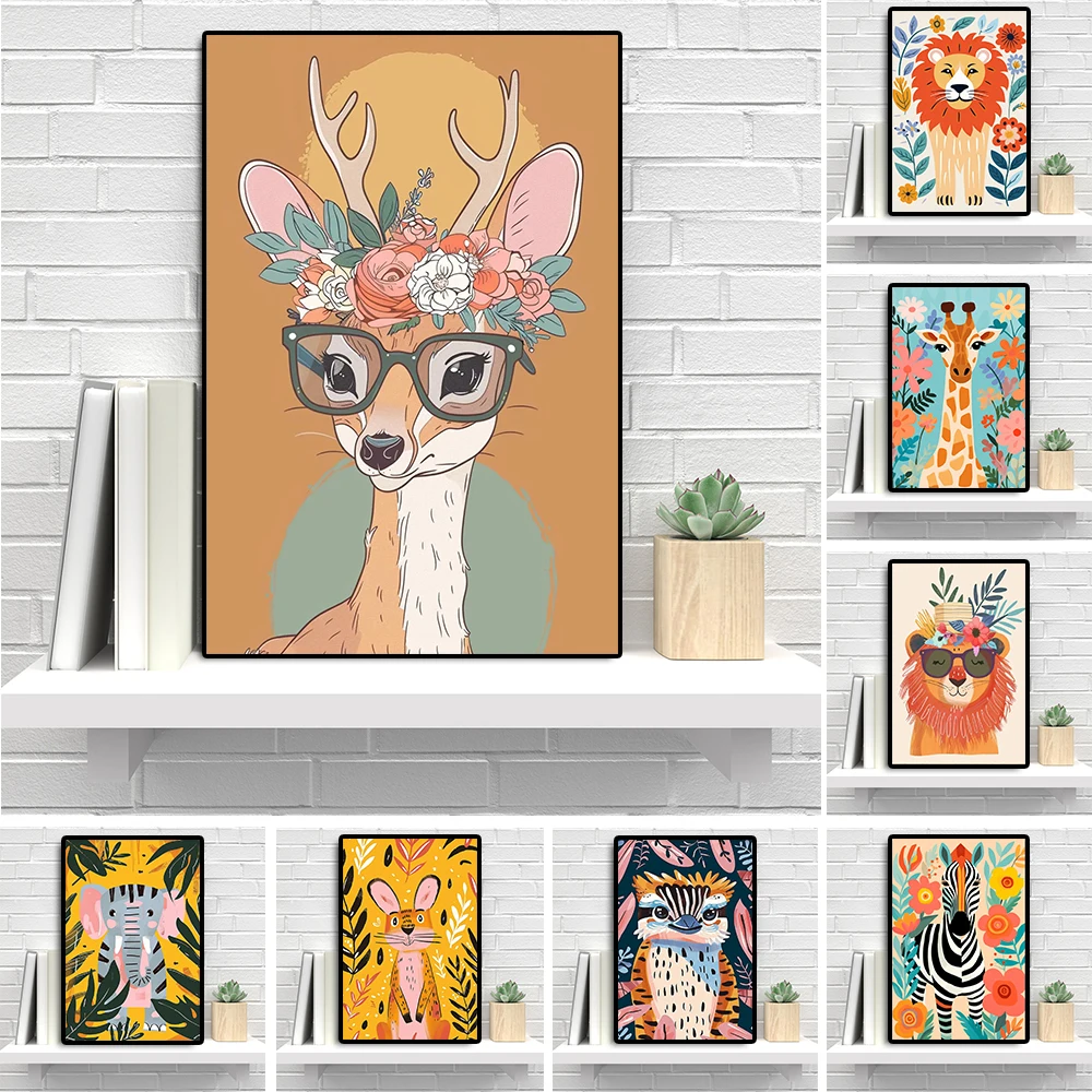 Arte de la pared de animales para guardería de dibujos animados, póster con ilustración Floral de León bonito, pintura en lienzo de cómic de elefante bebé, decoración de habitación