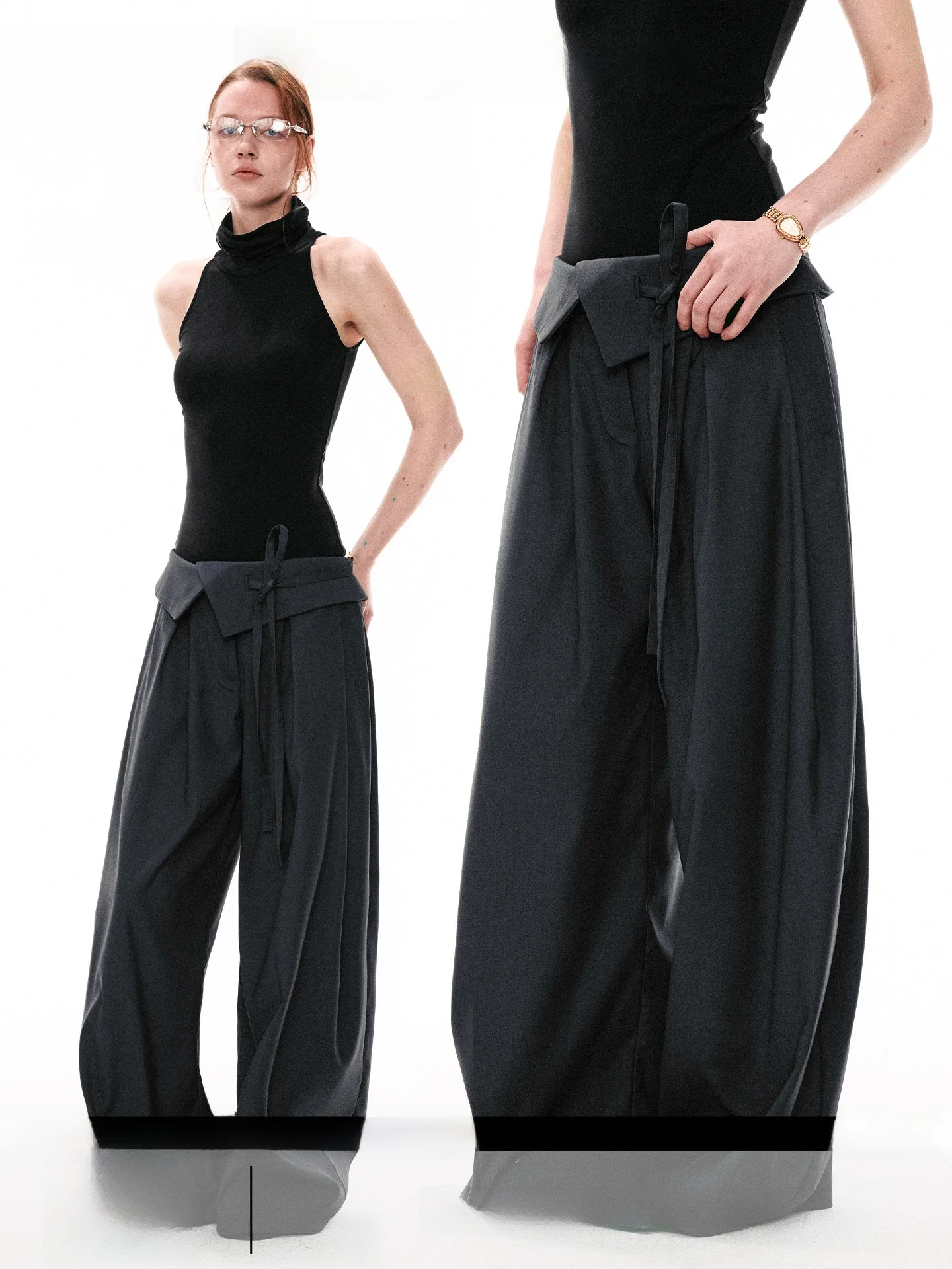 

Повседневные свободные брюки с широкими штанинами для женщин, универсальные, с отворотами, на поясе, длинные, весна 2026, модные, премиум-качество