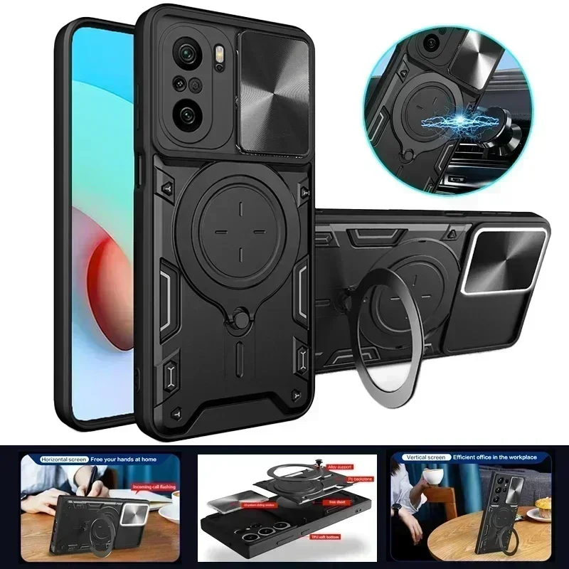 Para Xiaomi POCO F3 funda de lujo con soporte de anillo magnético cámara deslizante a prueba de golpes funda de teléfono para Poco Poko Little F3 F 3 3F contraportada