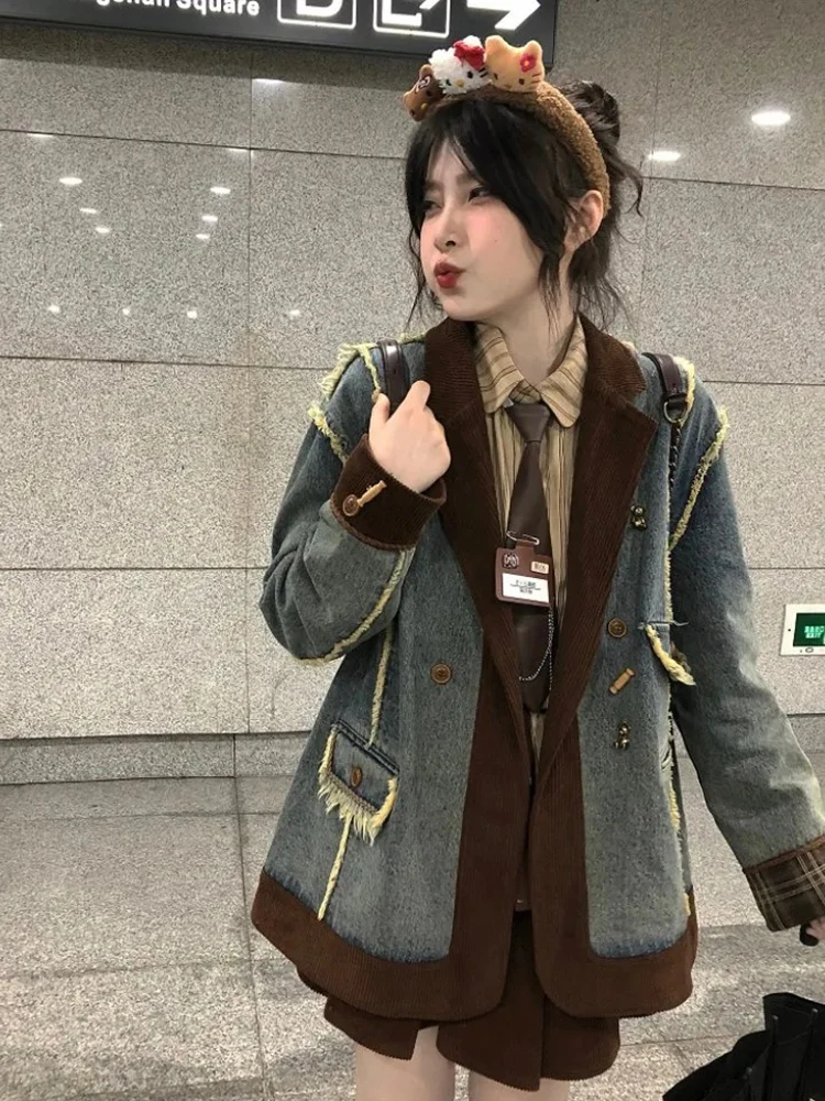 

Corduroy Patchwork Denim Jacket Women Vintage Y2K Streetwear Button Suit Jackets Loose Retro Preppy Raw Edges Fall Winter Coats