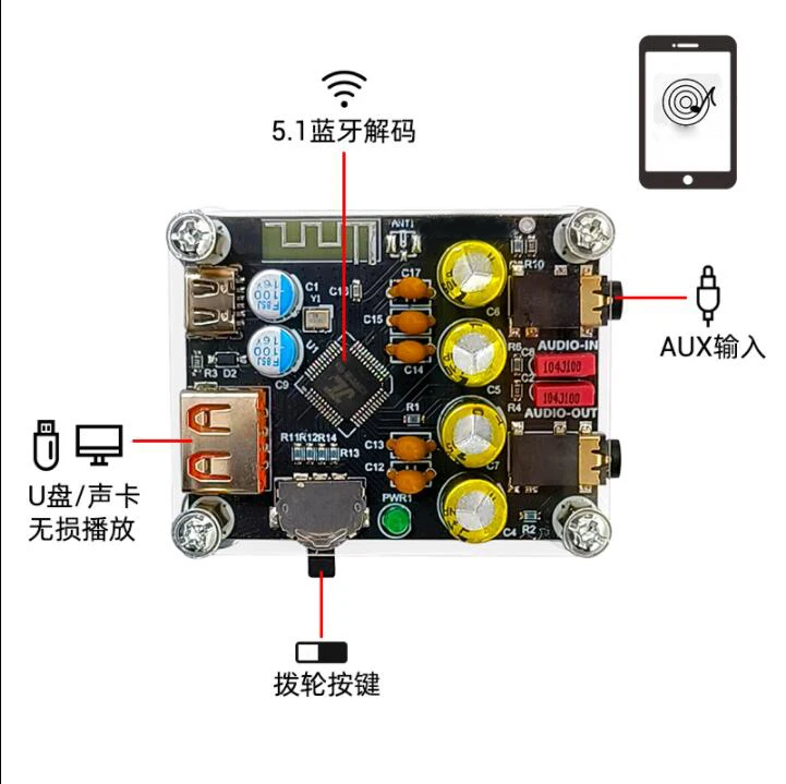 ZK-PT2 LossLess Fever HIFI5.1 ReceiveR Bluetooth USB DecoDing Player Audio Amplifier Board