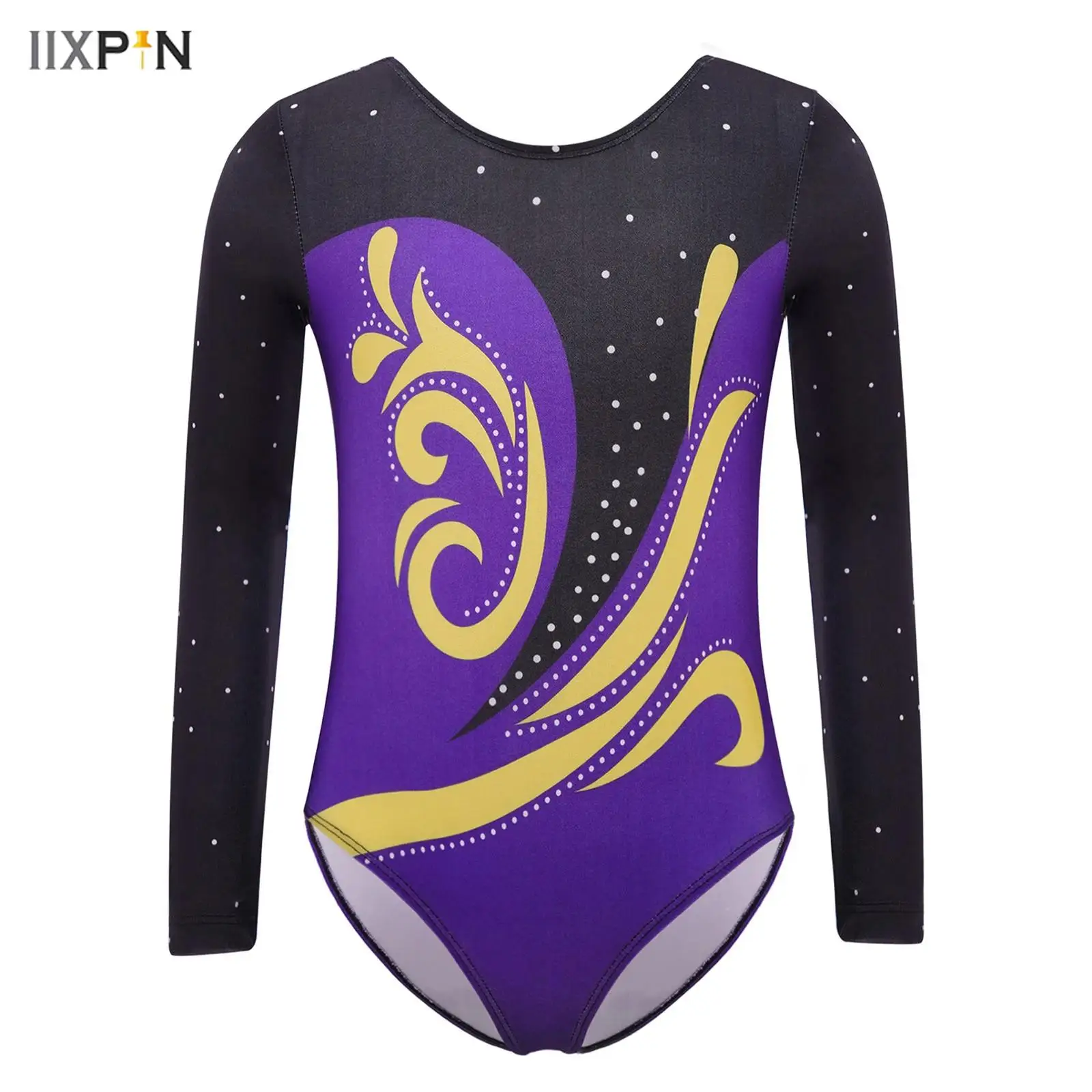 

Kids Girls Rhythmic Gymnastics Leotards Round Neck Long Sleeve U Back Color Block Printed Bodysuit Figure Skating Dance Bodysuit
