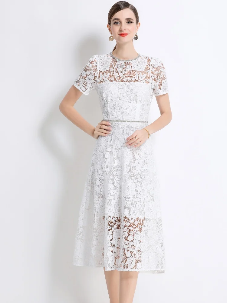 

SMTHMA Light Luxury Temperament High-End White Lace Hollow Out Summer Dress Women's Diamond O-Neck Bow Slim Waist Runway Dresses