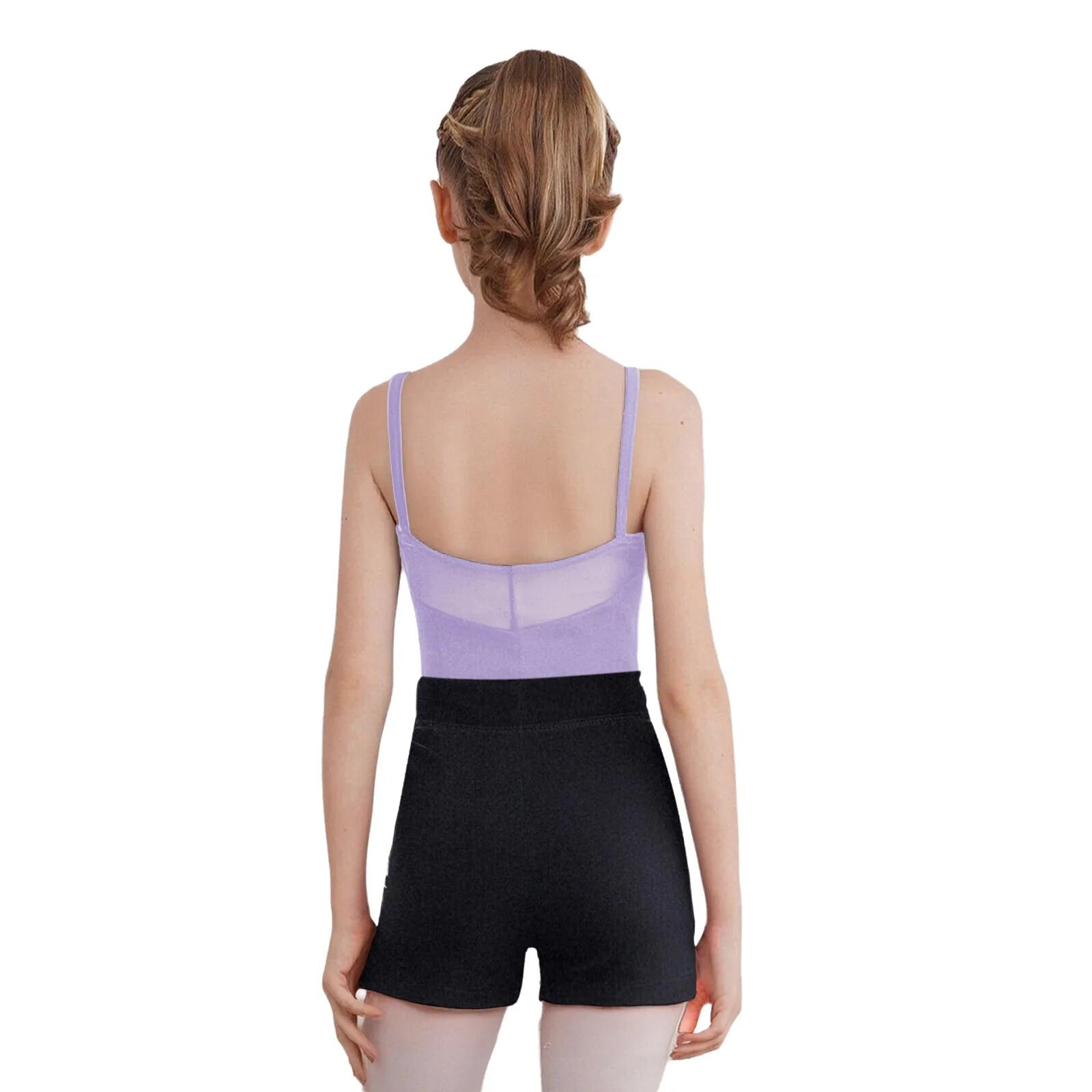 Kids Girls Gymnastics Ballet Dance Bodysuit 2-Piece Sleeveless Backless Adjustable Spaghetti Straps Ruched Leotard with Shorts