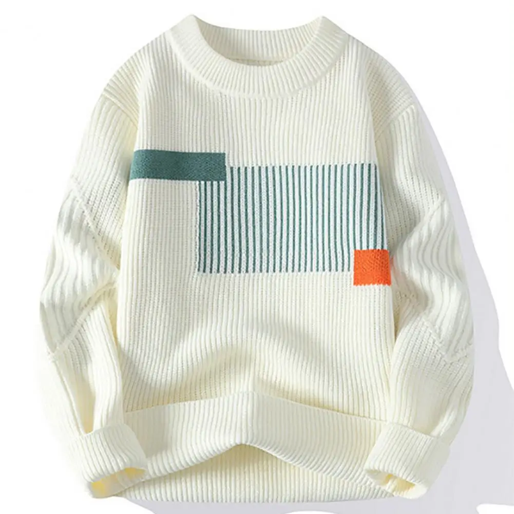 Striped Pullover Sweater Men's Colorblock Knitted Sweater for Autumn Winter Thick Loose Pullover with Round Neck Long for Sport