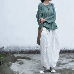Cotton Linen White Wide Leg Harem Pants Women Sweatpants Retro Loose Elastic High Waist Cargo Trousers Female Casual Ropa Mujer