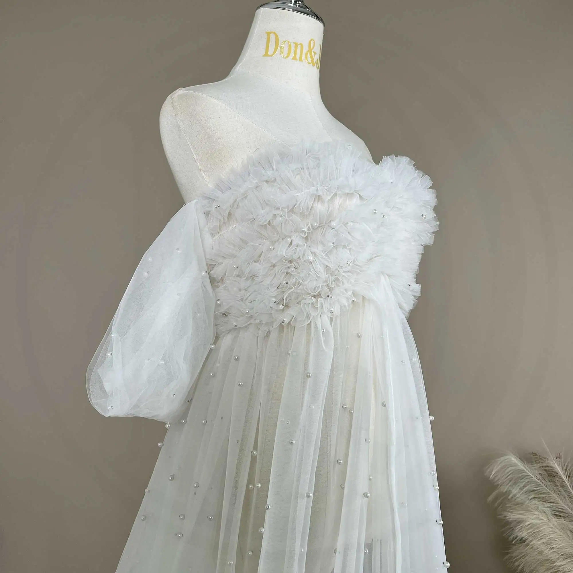 Maternity Photography Sweet Tulle Beaded Decorative Strapless Front-Slit Dress Photo Shooting Clothing Baby Shower Dresses