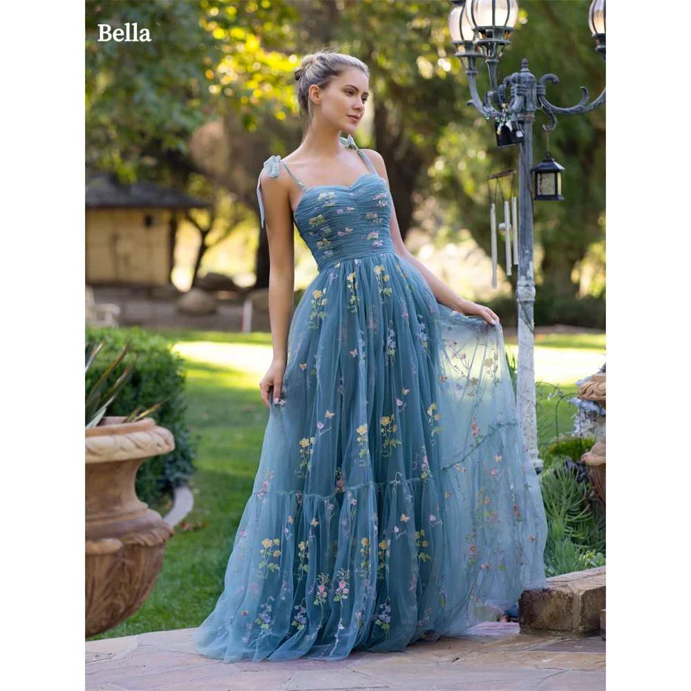 

Bella Flowers Appliques Tulle Prom Dresses Mesh Straps A-line Wedding Dress Elegant Sleeveless Floor-Length Vestidos De Fiesta