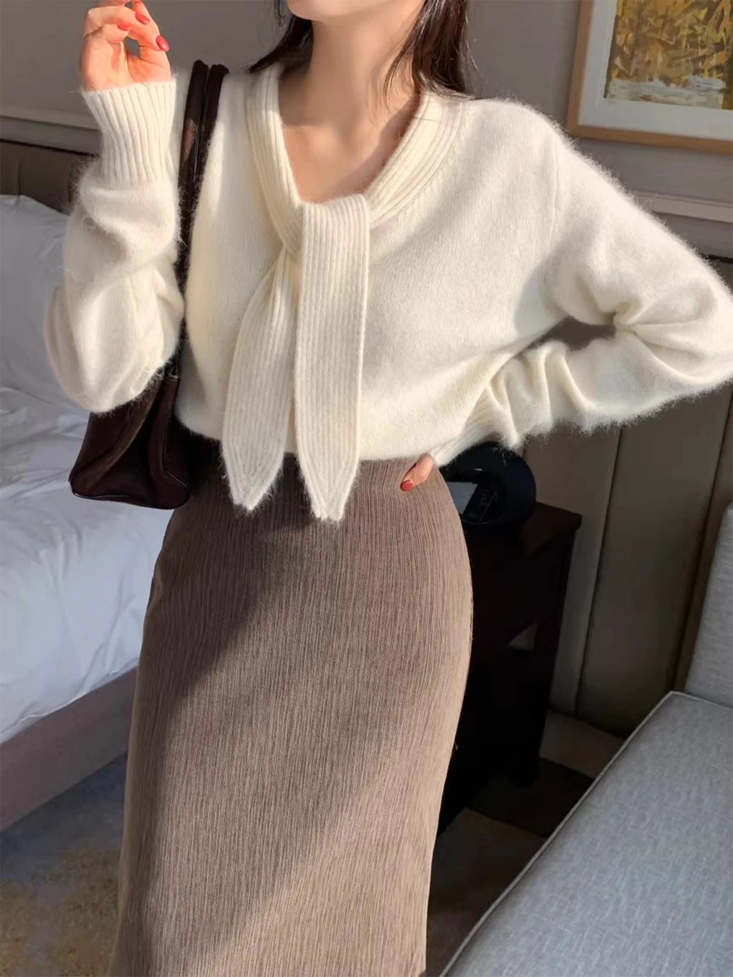 

Women's Soft Knitted Sweater Pure Color T Top with Draped Ne Design Winter Faionable Versatile Comfortable Long Sve