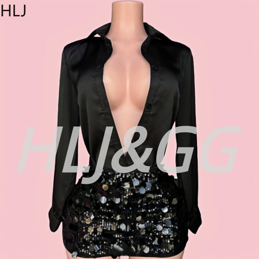 

HLJ Black Autumn New Satin Shirts Two Piece Sets Women Lapel Button Long Sleeve Top And Sequin Mini Skirts Outfits Elegant Suits