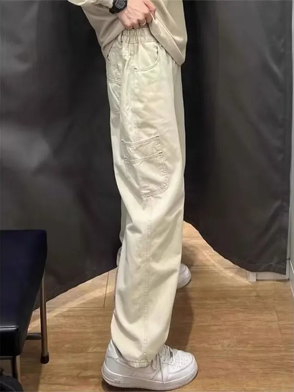 Calças Estilo Coreano para Homens e Mulheres, Jeans Casuais de Cintura Alta, Corte Reto, Ajuste Solto, Estilo Workwear Descon...