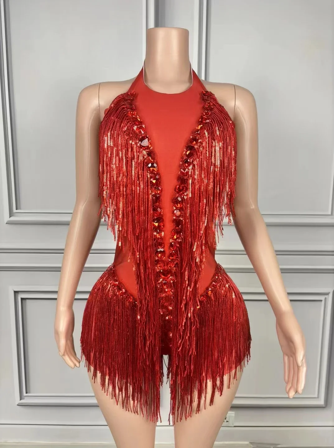 Sexy Mode Sparkly Strass Fringe Pailletten Quaste Body Frauen Latin Jazz Pole Dance Kostüm Bühne Leistung Catsuit