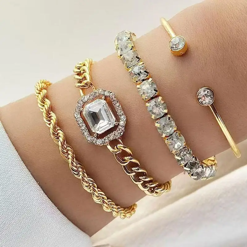 3-5 Stück/Set Luxus-Strass-Kristall-Armbänder, Modische Geometrische Quadratische Verstellbare Manschettenarmbänder, Schmuckset Geschenk – Detail 7