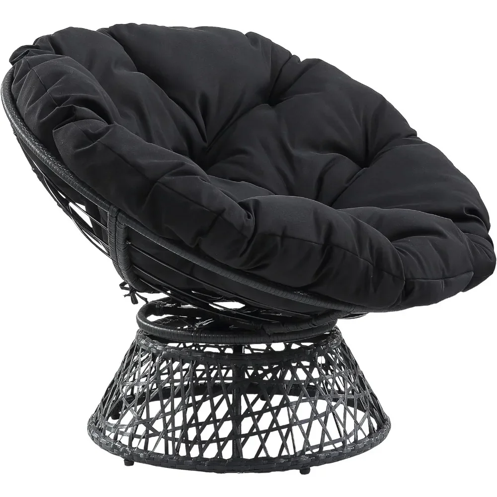 Wicker Papasan Chair with 360-Degree Swivel, Grey Frame with Black Cushion