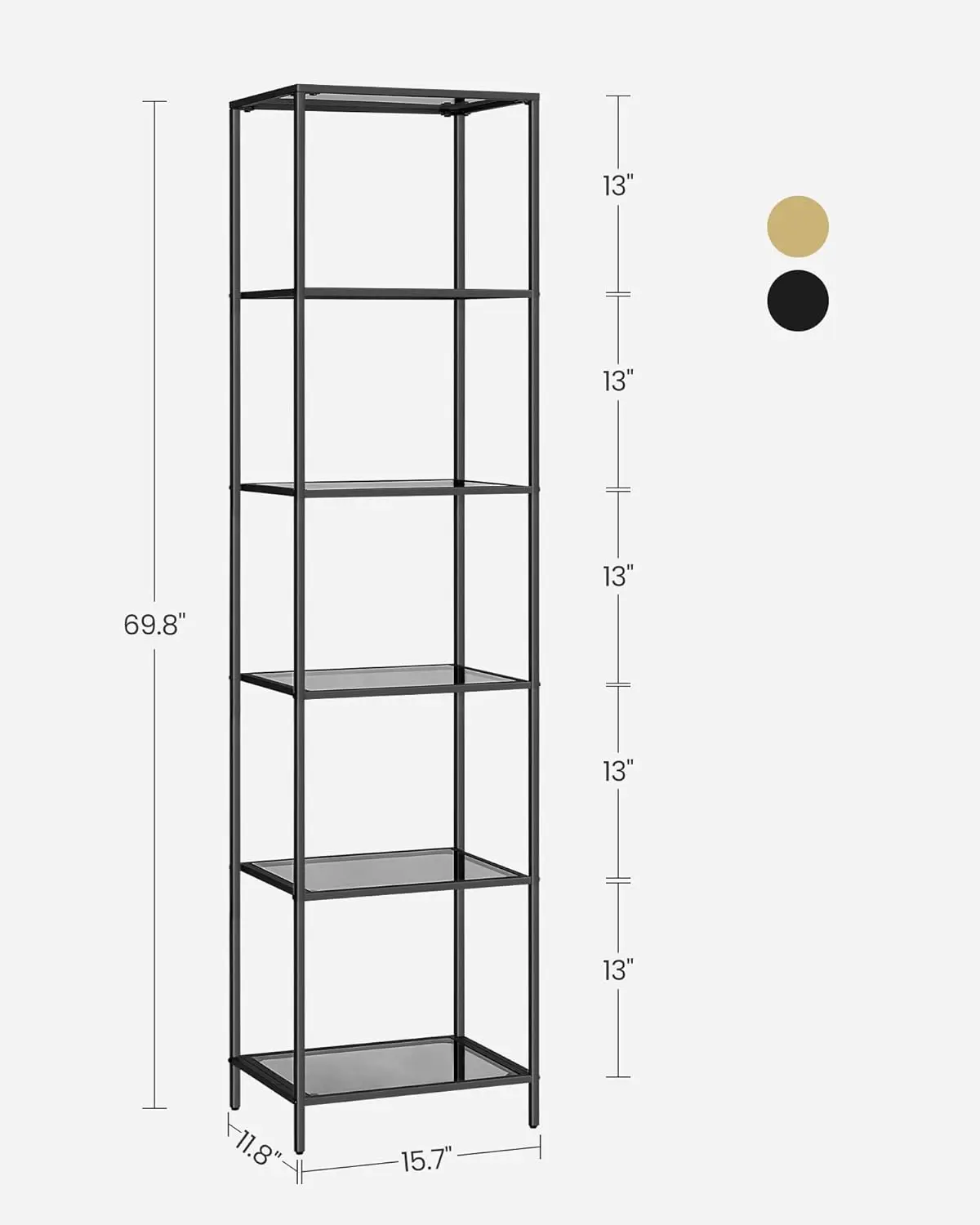 Bookcase, 6-Tier Bookshelf, Slim Shelving Unit for Bedroom, Bathroom, Home Office, Tempered Glass, Steel Frame, Ink Black