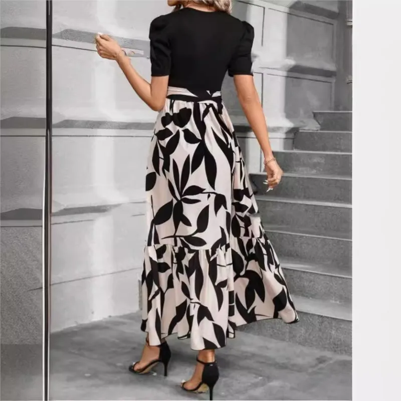 

Women's Elegant Print Long Dress Spring Summer Fashion Round Neck Dress Vacation Style Elegant Office Clothing Vestidos Robe