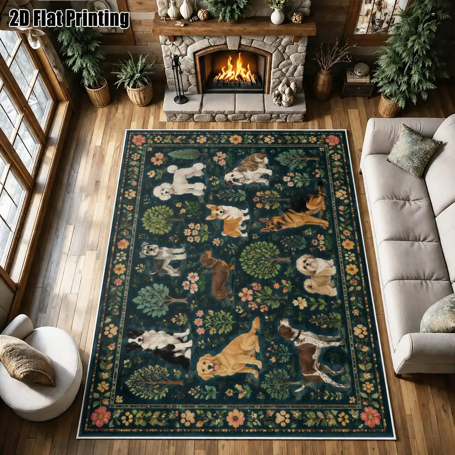 1Pc 2D Printed Retro Small Dog Flower Velvet Carpet, European/Bohemian Floral Geometric Style, for Home Decor, Multi-Size, Machine Washable, Multi-Scene Use