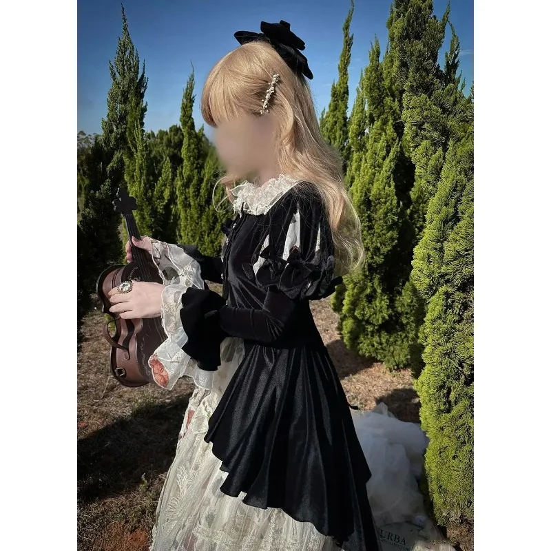 

Комплект Lolita Sweet Girl: осенне-зимний ретро-топ с бантом и длинными рукавами из бархата и облегающая юбка макси с принтом и высокой талией