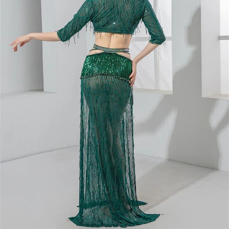 아랍 댄스 카데린 벨리댄스 공연 의상 4피스 스팽글 스커트 라인스톤 브라 럭셔리 전문가용 이집트 의상 신상품