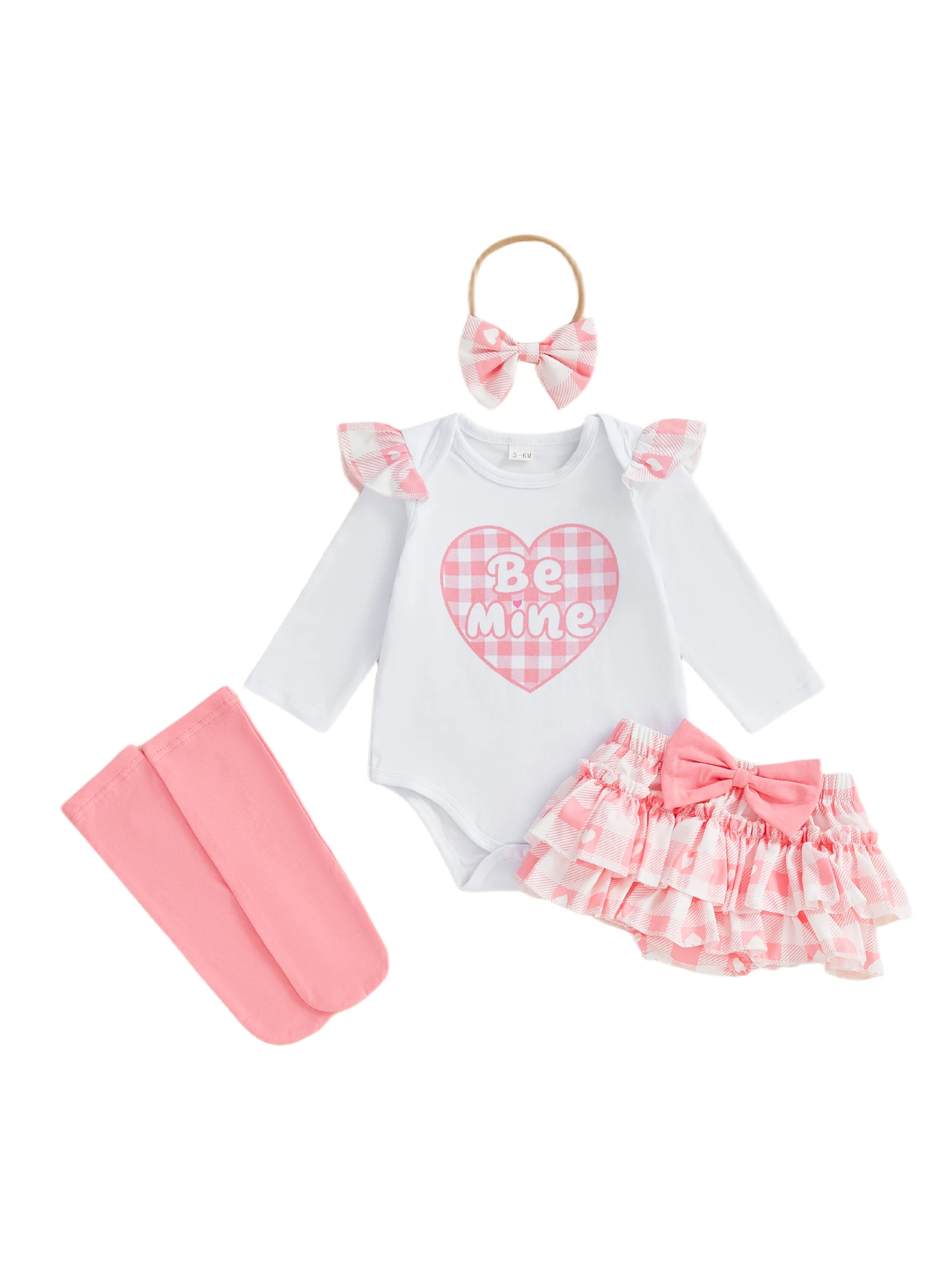 

Adorable Baby Girl Valentine s Day Outfit with Heart Print Long Sleeve Romper Bow Layered Ruffled Skirt Headband and
