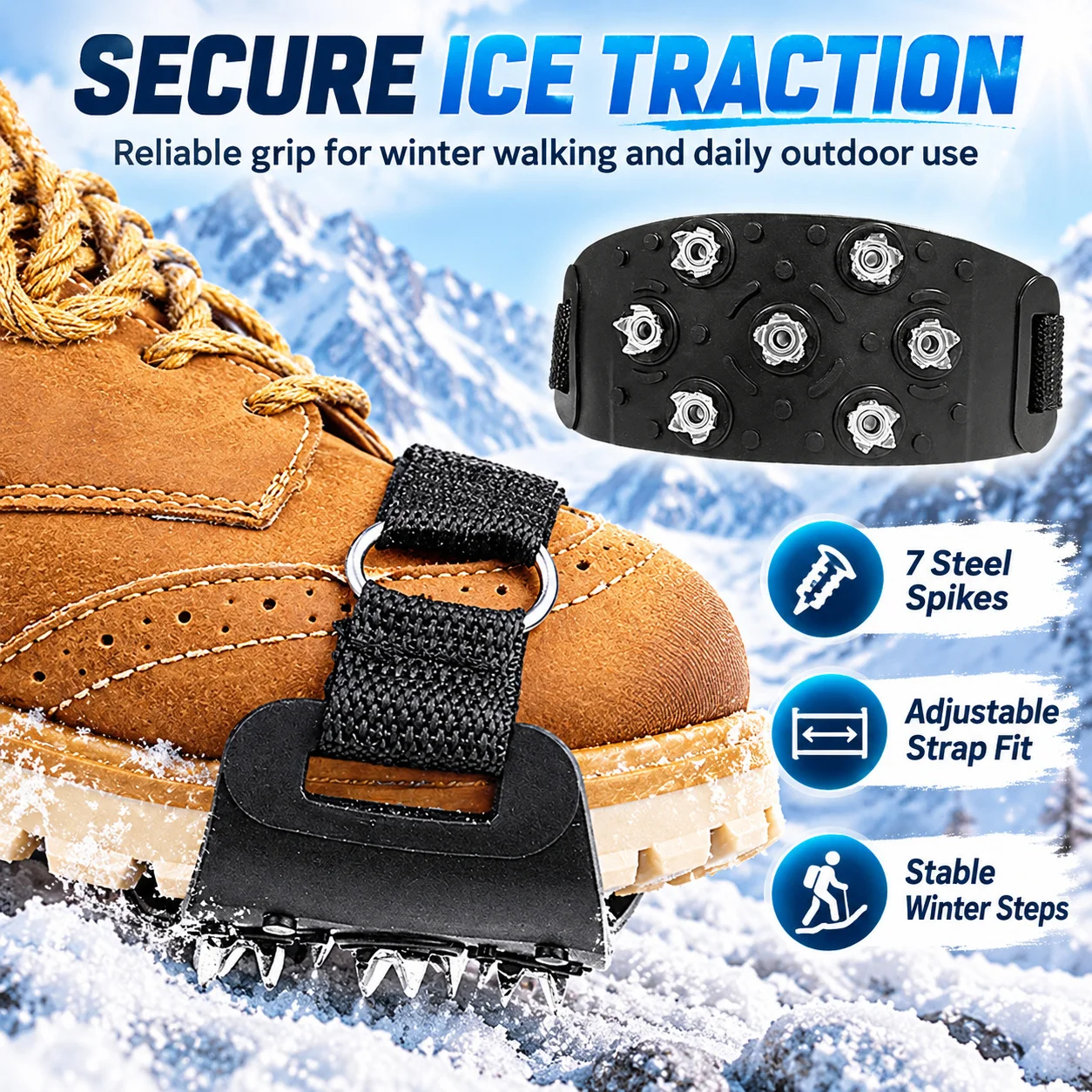 7 Stud Ice Cleats Shoe Spikes Anti Slip Snow Grippers Durable Traction Crampons For Winter Walking Hiking Mountaineering