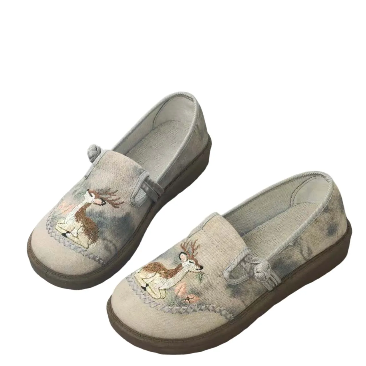 

Women's Chinese Style Deer Embroidery Slip-On Loafers, Lightweight Breathable Tie-Dye Canvas Shoes, Soft Anti-Slip Sole Casual F