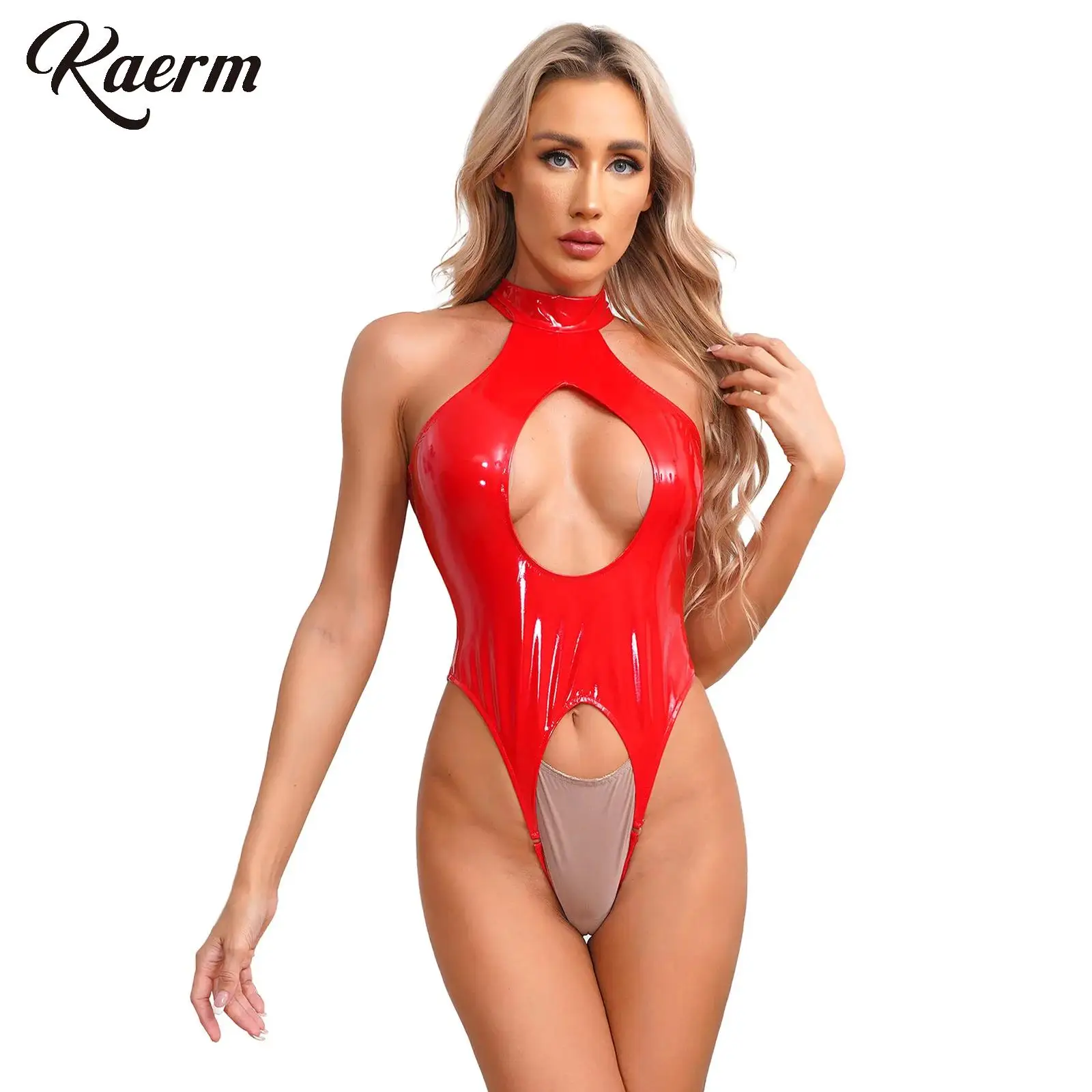 

Women Sexy Jumpsuits Glossy Patent Leather Erotic Bodysuit Open Crotch Catsuit Mock Neck Sleeveless Backless Tempting Nightwear