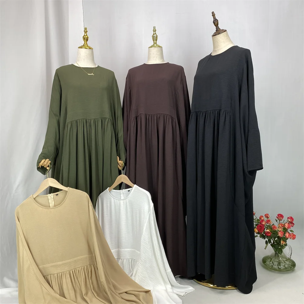 Damen Modest Abaya Maxikleid mit Fledermausärmeln, Hoher Taille, Plissiert, Islamisches Gewand, Ramadan Eid Casual Party Einfarbige Muslimische Kleidung – Detail 2