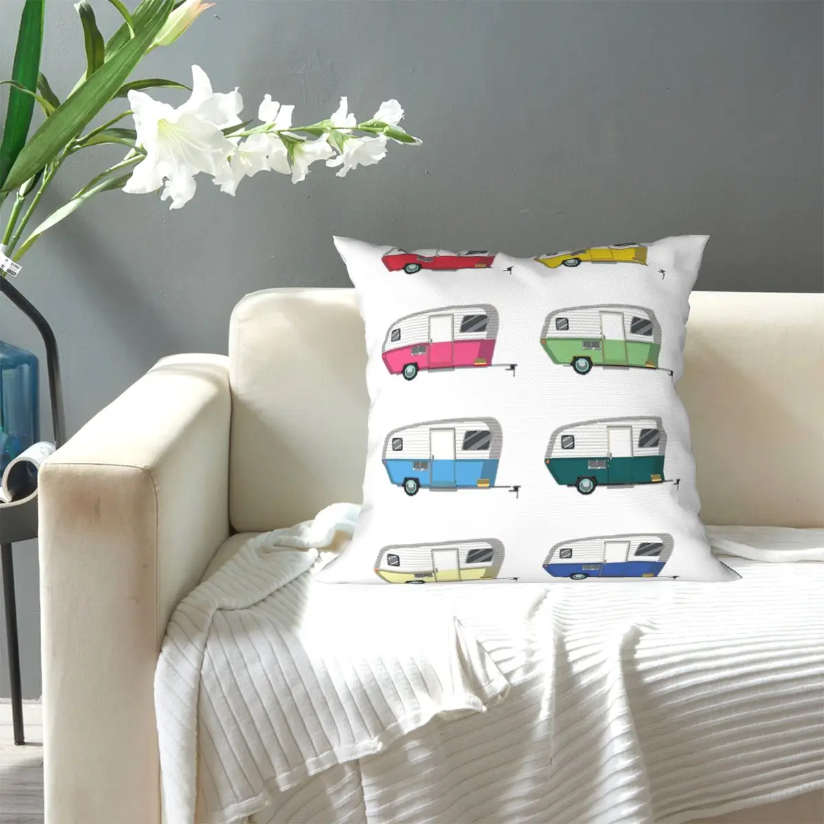 Colourful Vintage Eriba Puck Caravan Daisy Square Pillowcase Pillow Cover Cushion Decor Throw Pillow for Home Living Room