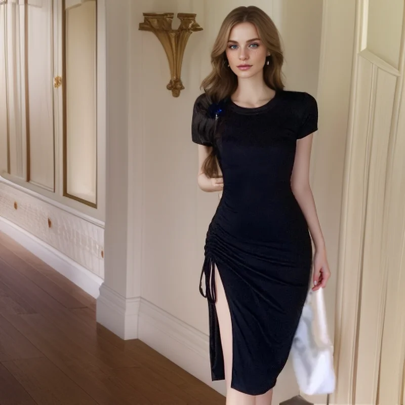 

Summer Sweet Temperament Drawstring Irregular Split Dress Female Summer Mid-length Skirt Slim-fit Hip Dress