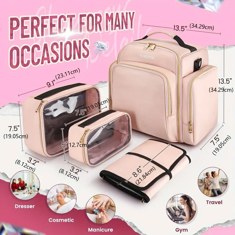 Large Pink Travel Makeup Bag Organizer with 4 Removable Cases 1 Jewelry Roll Multi-Compartment Cosmetic Bags Makeup Organizer