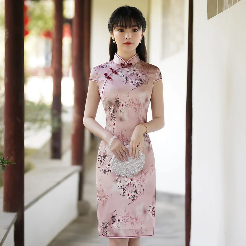 Short Sleeve High Quality Real Silk Improved Chinese Style Trendy Stand Collar Pink Cheongsam Qipao Ladies Dress