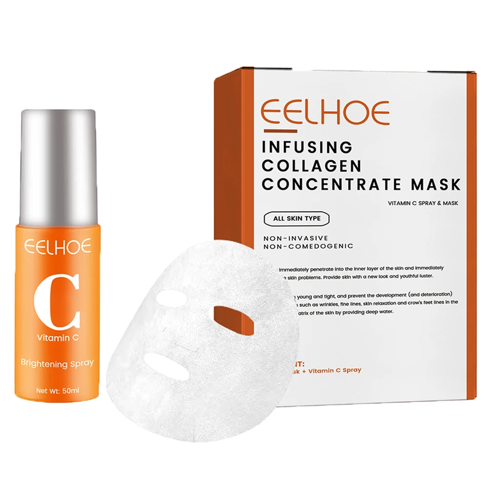 Mascarilla de colágeno de alto proteína, juego de pulverización que desvanece las ojeras, bolsas para los ojos, máscara VC-Spray, líneas finas ligeras, cuidado hidratante de la piel