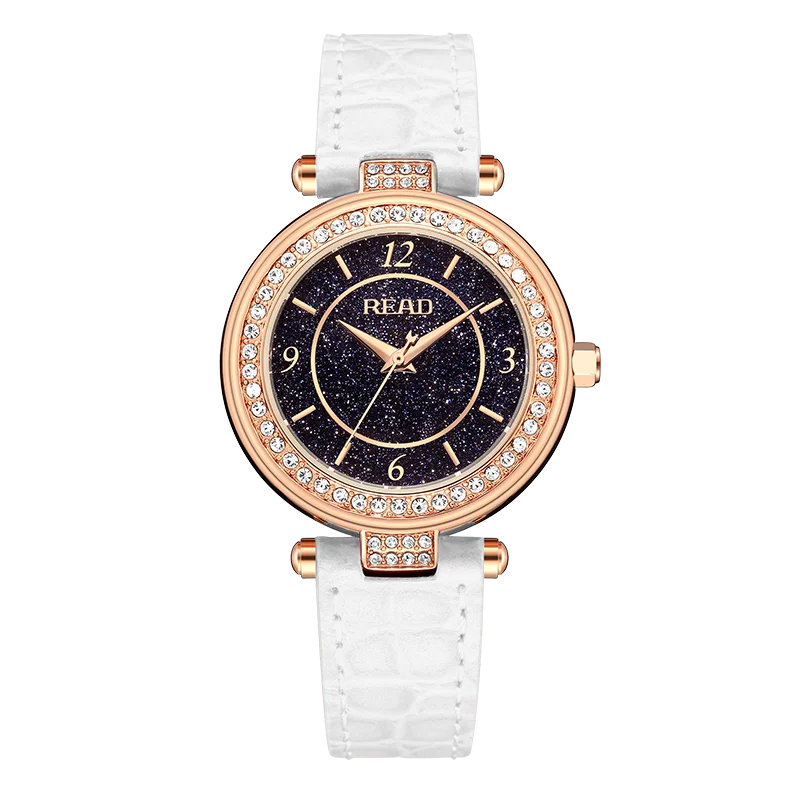 READ Ladies Quartz Wrist Watch | Starry Black Dial | White Leather Strap | Daily Water Resistant Fashion Women Dress Wrist Watch