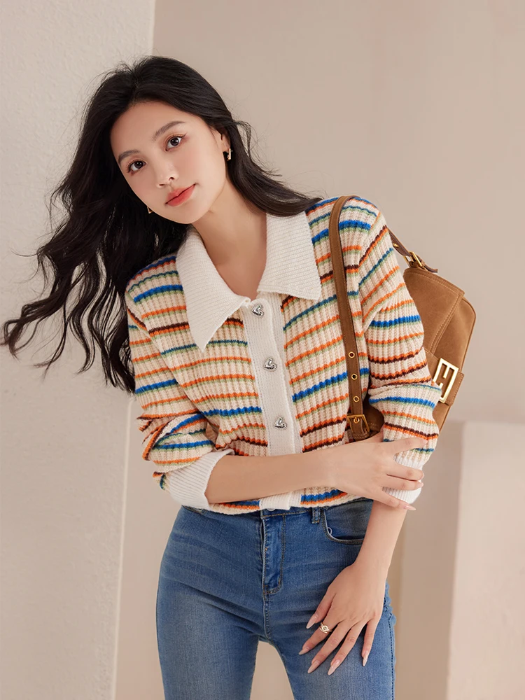 Vintage Color Blocking Rainbow Striped Sweater Women's Loose-fit Turn-down Collar Knitted Top Autumn Harajuku Casual Cardigan