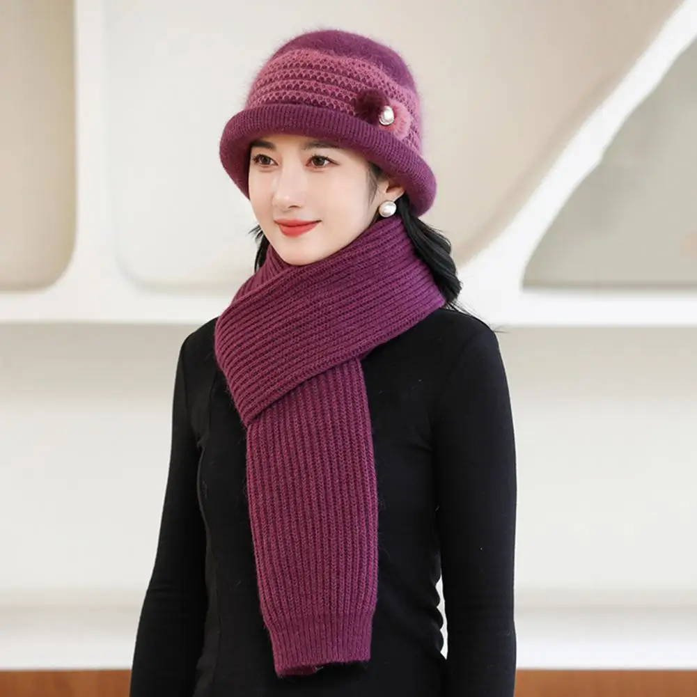 

Faux Rabbit Fur Hat Mid-aged Women Winter Beanie Scarf Gloves Set Thick Knitted Warm Cap Elastic Ear Protection Windproof Mother