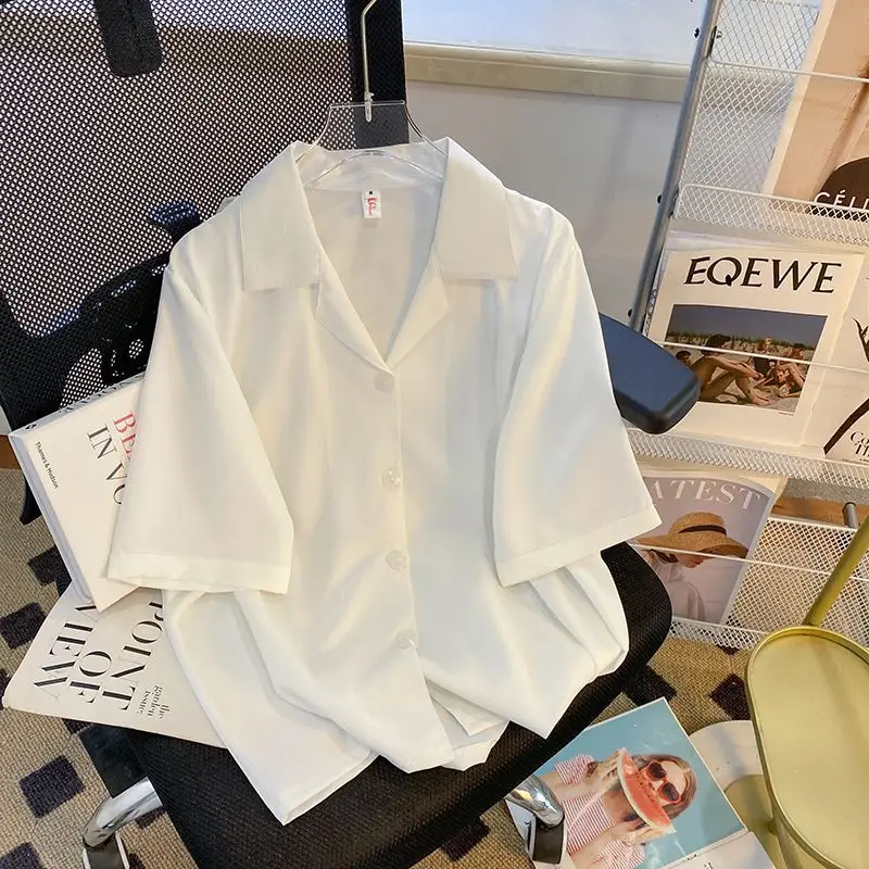 Chemise en mousseline de soie à boutonnage simple cranté pour femmes, chemise décontractée polyvalente, demi-manche, dame de bureau coréenne, été, monochromatique, mode