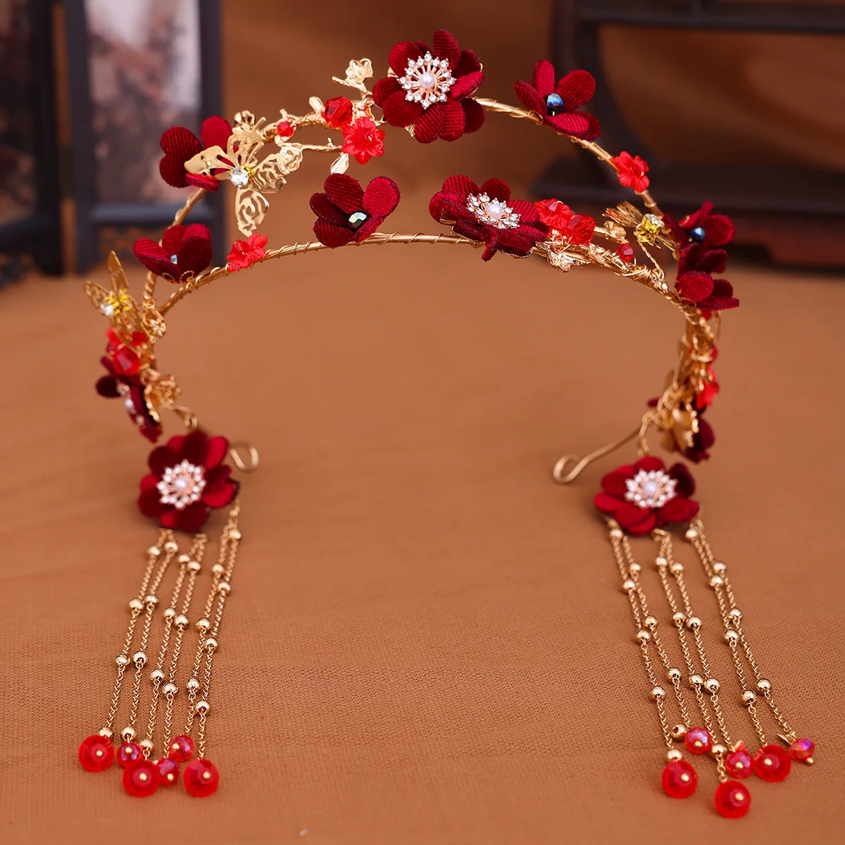 Chinese Red Flower Long Tassel Headband Earrings Set Handmade Traditional Gold Color Headwear Bridal Headdress Hair Accessories