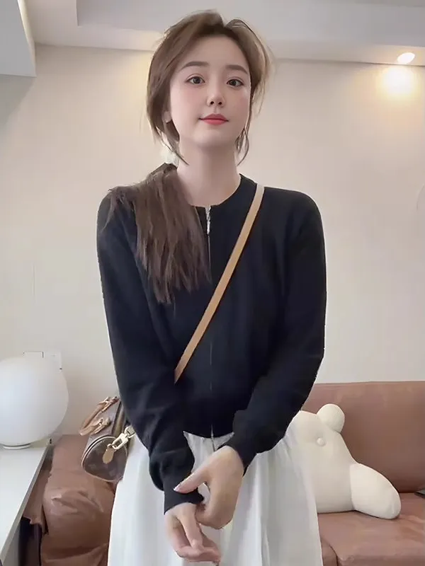 더블 지퍼 얇은 롱 니트 스웨터 여성용 루즈핏 봄 가을 가디건 아우터웨어 레이지 패션 탑