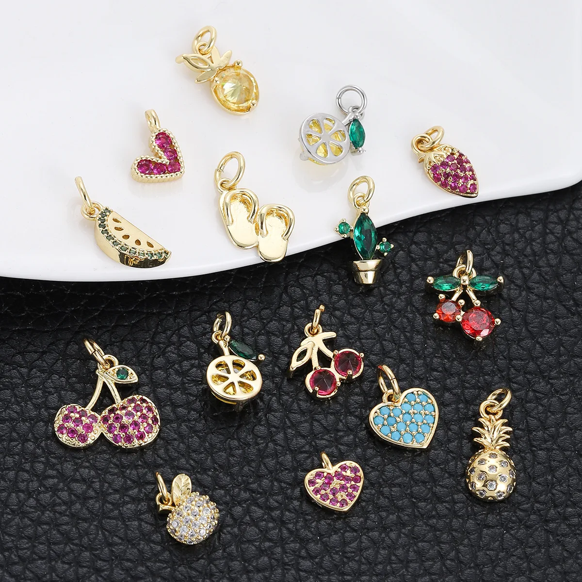 3pcs/set Fruit Heart Slippers Cactus Charm Gold 14k Copper Colorful Rhinestone Pendant DIY Jewelry Making Party Accessories Gift