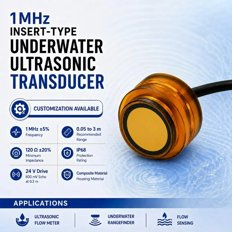 1MHz Insert-Type Piezoelectric Ultrasonic Transducer Flow Sensor IP68 Rating 0.05-3m Range for Water/Liquid Flow Meter