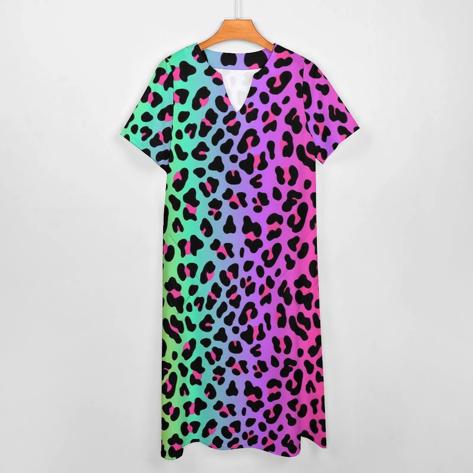 Rainbow Leopard Dress Cheetah Neon Print Party Maxi Dress Aesthetic Casual Long Dresses Summer Short Sleeve Custom Clothes