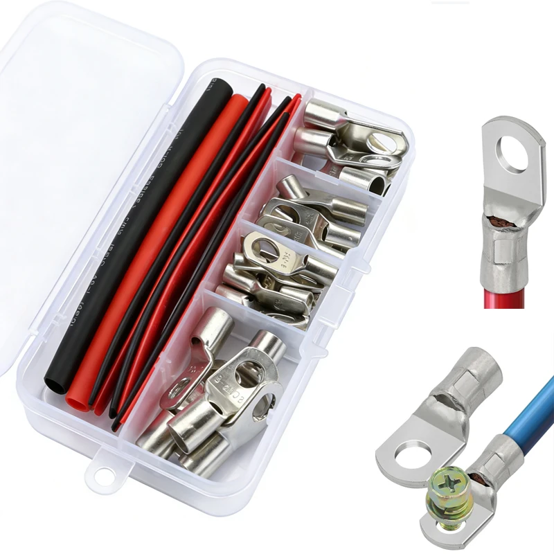 

33 шт. медных клеммных колец SC (SC6, SC10, SC16, SC25) с отверстиями под винты 6 мм и 8 мм, а также 8 шт. изоляционных термоусадочных трубок 11 см