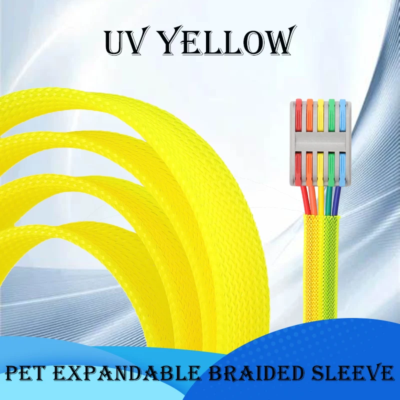 

1~50m UV Yellow PET Braid Sleeve 2/4/6/8/10/12/14/16/20/25/30mm High Density Protect Snake Skin Wrap Sheath For Electric Cables
