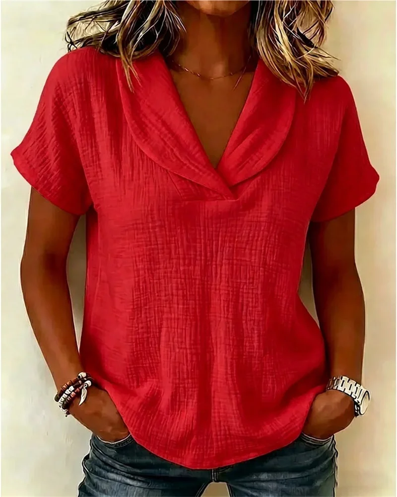 2026 Amazon Cross-border Women's Summer New Short Sleeve Crepe Casual Fashion V-neck T-shirt