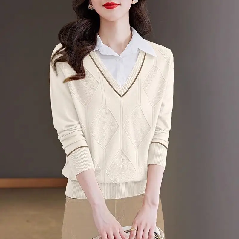 Fashion Lapel Knitted Spliced Fake Two Pieces Blouses Women's Clothing 2024 Autumn Winter New Loose Casual Tops Commuter Shirts